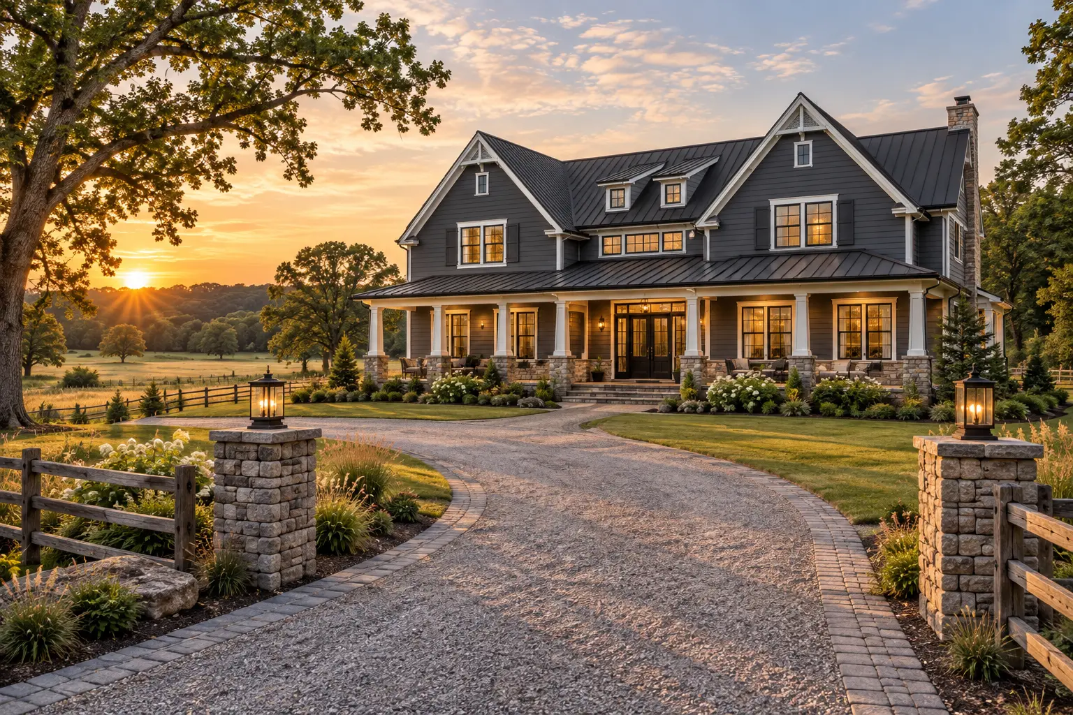Two-story farmhouse in Mequon with dark charcoal lap siding, white trim and a standing seam metal roof at sunset