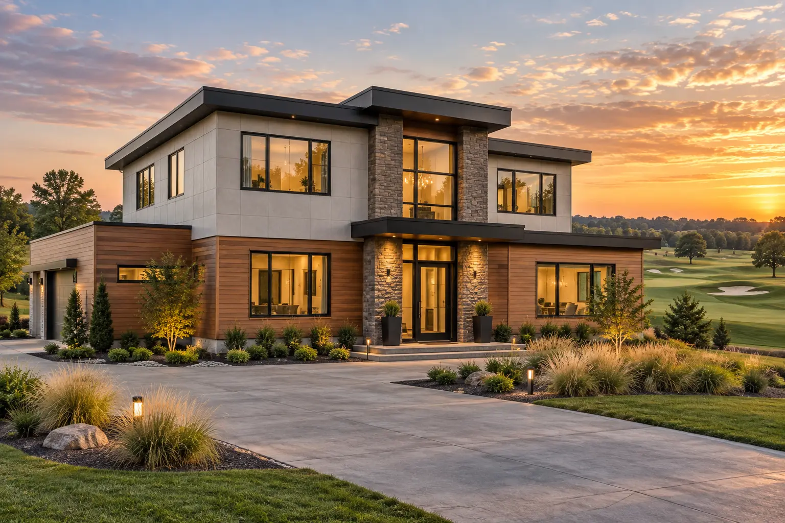 Contemporary home in Haven with light panel siding, horizontal wood siding and stone columns at sunset