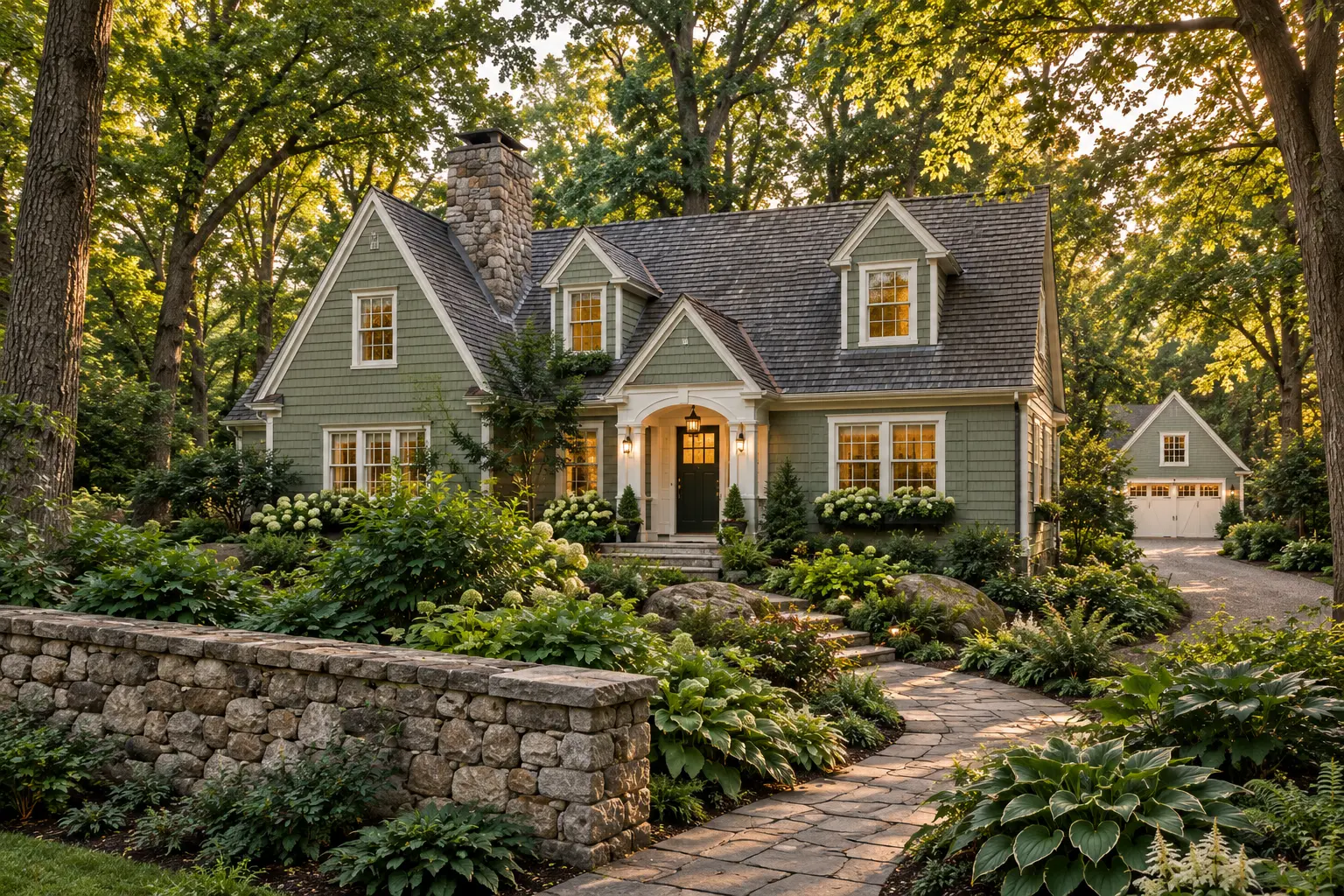 Sage green cape cod home in River Hills with shake siding, white trim and a stone chimney