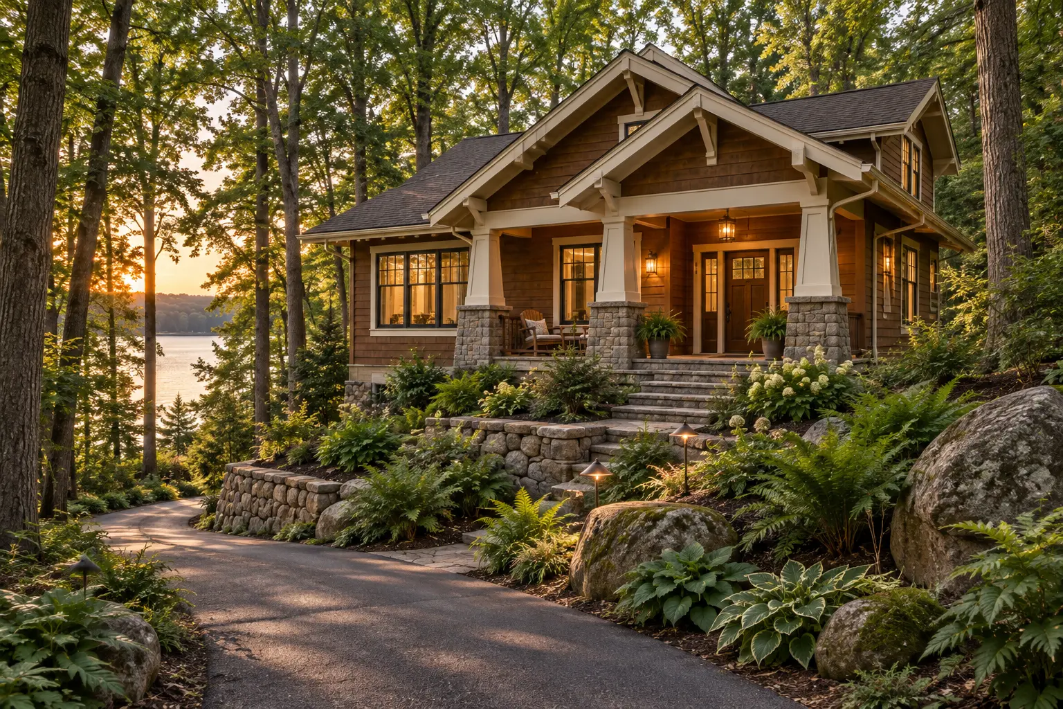 Craftsman cottage on Beaver Lake with cedar shake siding, cream columns and stone bases
