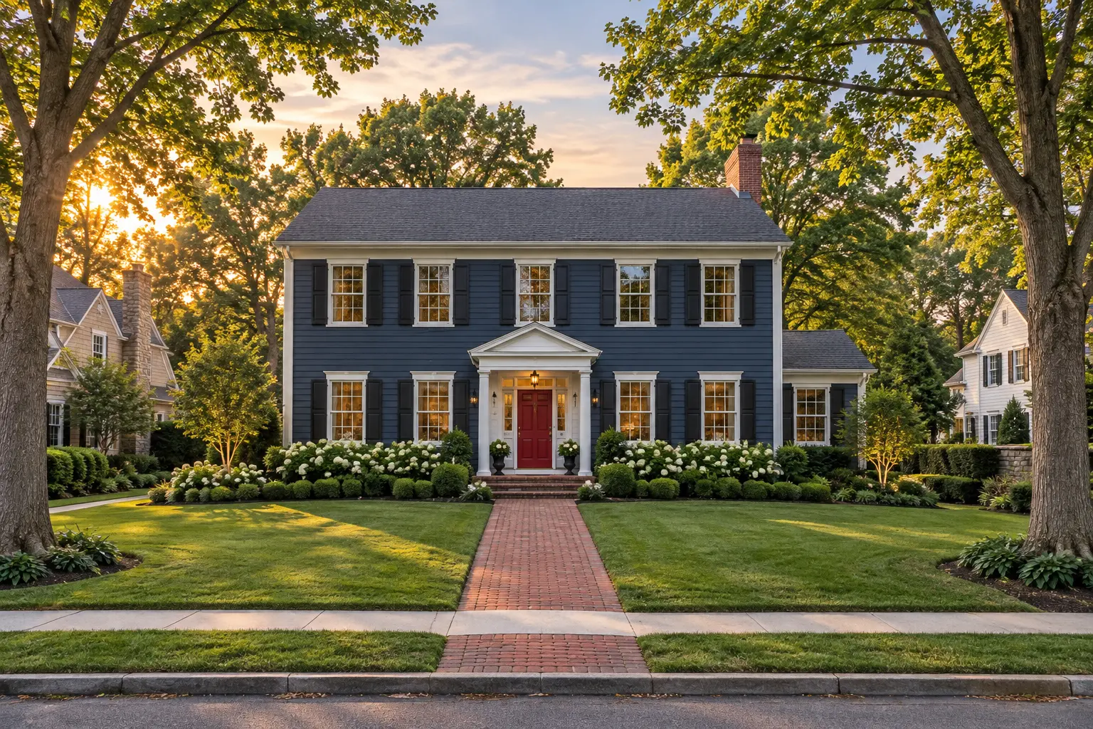 Navy blue colonial home in Brookfield with white trim, black shutters and a red front door