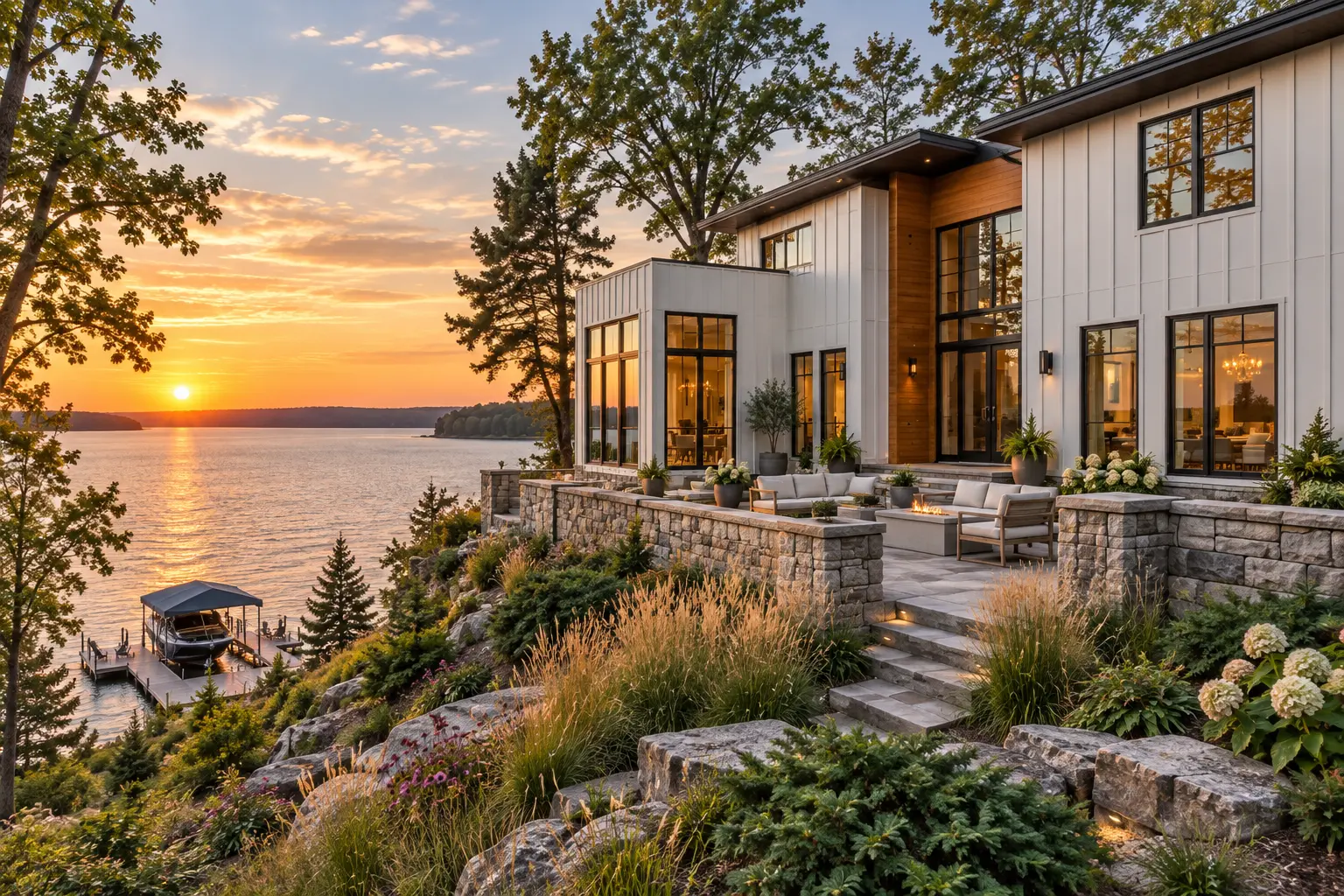 Modern lakefront home on Pine Lake with white board and batten siding and cedar accent panels at sunset