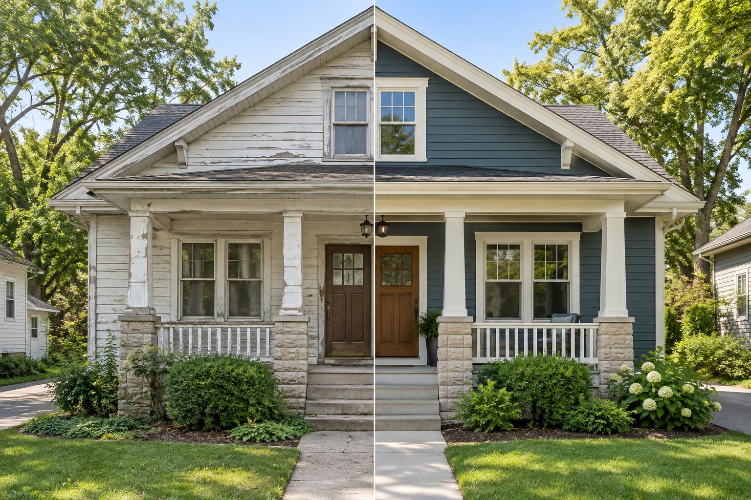 One craftsman home shown split down the middle: faded cracked vinyl siding on the left, new deep teal-gray LP SmartSide with cream trim on the right