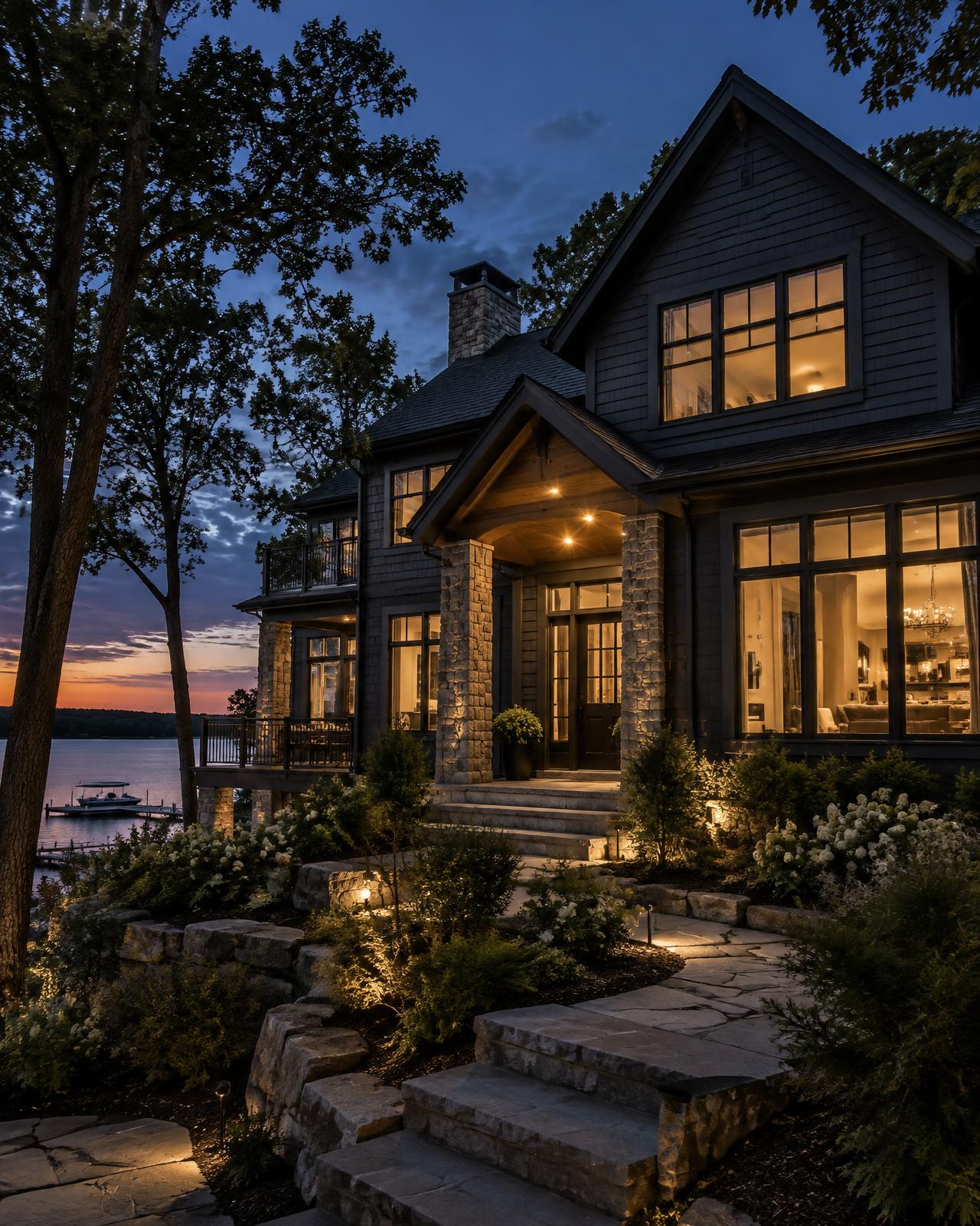 Lake Country home with new dark fiber cement siding at dusk